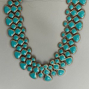 Turquoise color/Gold enamel statement bib necklace- strong clip clasp